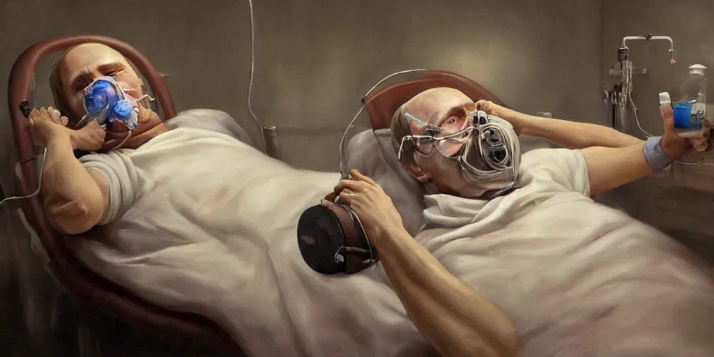 Image similar to hyperrealistic painting of very ill Vladimir Putin as a patient wearing an oxygen mask on a death bed inhaling from Copium tank that stand near his bed, dimly lit cozy tavern, leather tunic, confident relaxed pose, d&d, stunning 3d render inspired art by Tim Okamura and Lise Deharme + perfect facial symmetry + dim volumetric lighting, 8k octane beautifully detailed render, post-processing, extremely hyperdetailed, intricate, epic composition, grim yet sparkling atmosphere, cinematic lighting + masterpiece, trending on artstation, very very detailed, masterpiece, stunning