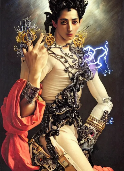 Image similar to full-body rococo and cyberpunk style sculpture of a young seductive Latino prince half android with a chest exposing circuitry, glowing pink seductive laser eyes, crown of blue sparks and diamonds, swirling orange-colored silk fabric, robotic raptors. baroque elements. full-length view. intricate artwork by caravaggio. art by Artgerm and Greg Rutkowski and Alphonse Mucha, Trending on artstation, cinematic industrial lighting, hyper realism, octane render, 8k, depth of field, 3D