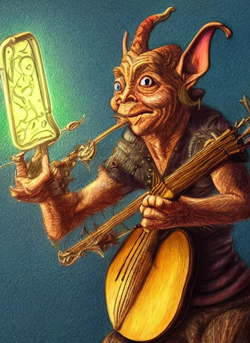 Prompt: detailed coloured pencil portrait of a goblin bard holding a lute, d & d, highly detailed, concept art, dramatic lighting