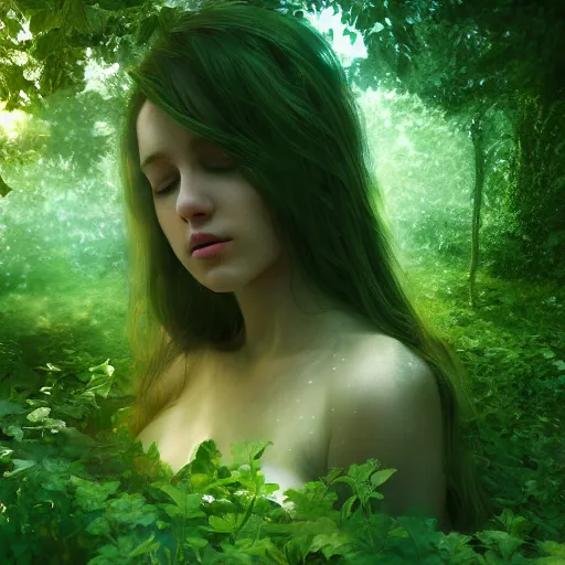 Prompt: a highly detailed digital matte painting of a young woman surrounded and engulfed in green leaves, artstation, detailed woman, stunning volumetric lighting, elegant, fantasy, 4k