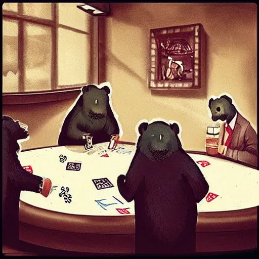 Image similar to “tardigrade and grizzly bear mobsters playing poker in a dimly lit basement poker table”