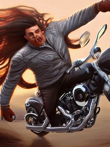 Prompt: handsome man. hi - yo silver! prancing a harley davidson. intricate, elegant, highly detailed, digital painting, artstation, concept art, sharp focus, illustration, by justin gerard and artgerm, 8 k