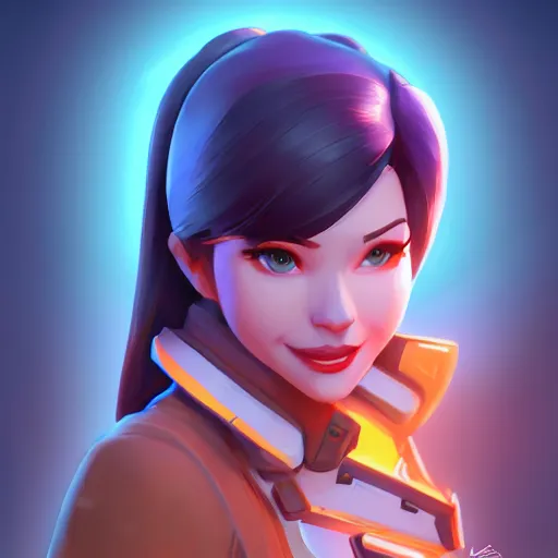 Image similar to head of overwatch main character Blizzard pixar 3d maya engine on stylized background splash comics global illumination lighting, lois van baarle, ilya kuvshinov, rossdraws, artstation