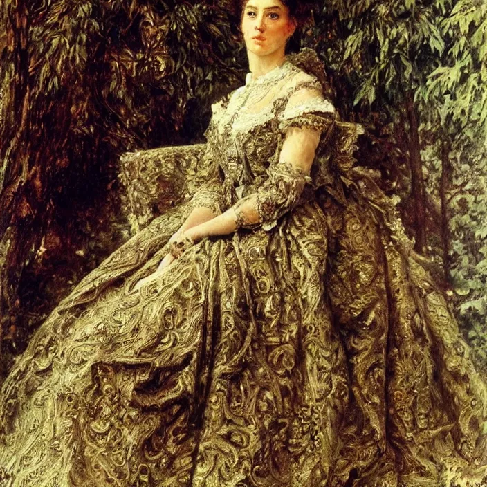 Image similar to longing look of a woman, portrait, highly detailed, bourgeoise, extremely opulent, ornate art, pompous, ornamental, richly detailed, digital art by ivan shishkin, adolph menzel, carvaggio