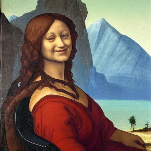 Image similar to an oil painting, woman sitting in a chair, dark dress, background is filled with mountains, rocks, canyons and lakes. woman looks calm and happy, she is smiling, in the style of leonardo da vinci