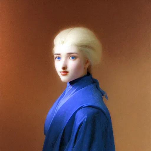 Prompt: a young woman's face, her hair is white and she wears an cobalt blue satin cloak, by ivan aivazovsky and syd mead and moebius and gaston bussiere and roger dean and pieter claesz and paul delaroche and alma tadema and aelbert cuyp and willam claesz, hyperrealistic, volumetric light, octane render