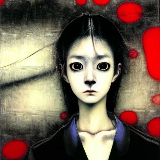 Image similar to yoshitaka amano blurred and dreamy realistic three quarter angle portrait of a young woman with black lipstick and black eyes wearing dress suit with tie, junji ito abstract patterns in the background, satoshi kon anime, noisy film grain effect, highly detailed, renaissance oil painting, weird portrait angle, blurred lost edges