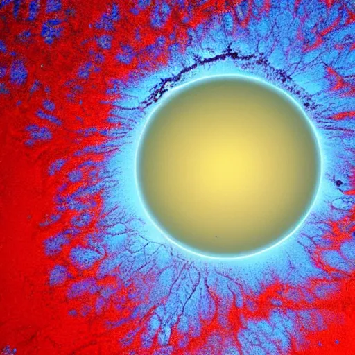 Image similar to a picture of an alien planet, taken from orbit, blue planet, red lava rivers, center of the frame