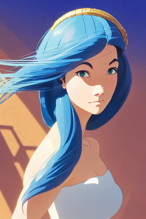 Prompt: animation still frame of an attractive female guardian of the sea ( medium blue hair ) in an awesome pose, high angle closeup portrait, blurry background of the library, disney, pixar, bloom, medium shot, dramatic lighting, in the style of studio ghibli, j. c. leyendecker, greg rutkowski, artgerm