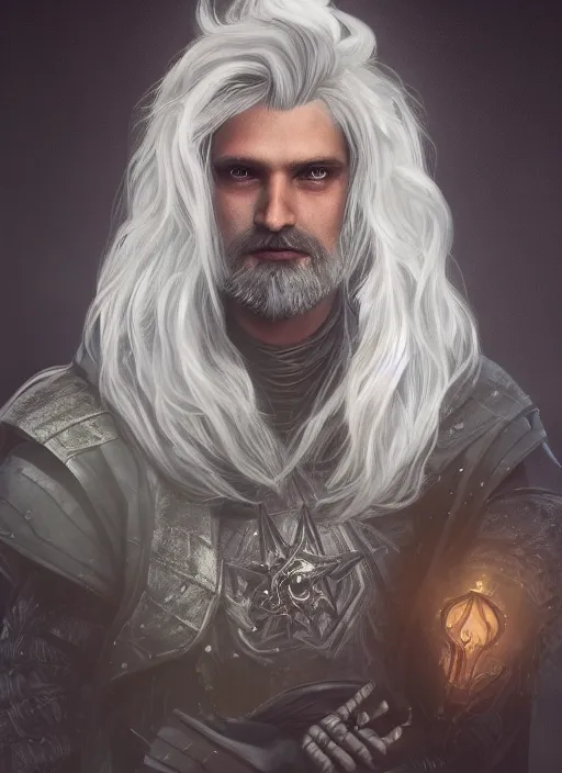 Prompt: an epic fantastic realism comic book style portrait painting of an aasimar warlock, male, shaggy silver hair, short brown beard, d & d concept art, unreal 5, daz, petrol aesthetic, octane render, cosplay, rpg portrait, dynamic lighting