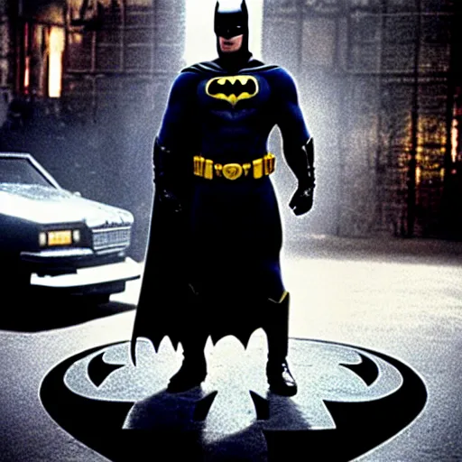 Image similar to henry cavill as batman in batman ( 1 9 8 9 ), standing next to the batmobile, by tim burton, dark deco, gotham city, film still