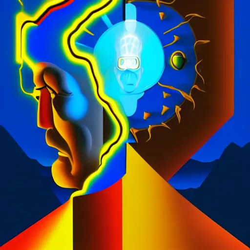 Image similar to ultra realistic portrait of captain planet in a studio, ultra detailed, under blue, red and yellow cinematic lighting, salvador dali, cartoon, monument valley, escher