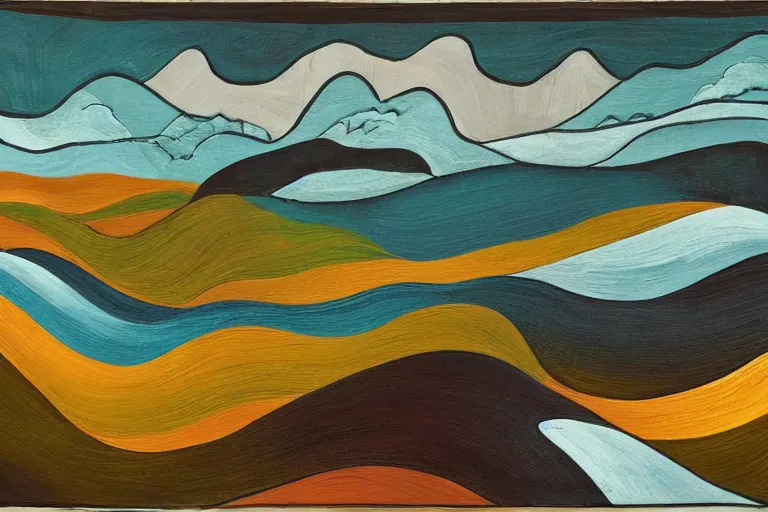 Image similar to A modernist landscape painting. Wild energy patterns rippling in all directions. Curves, zig-zags. Organic. Mountains. Clouds. Vegetation. Rushing water. Waves. LSD.