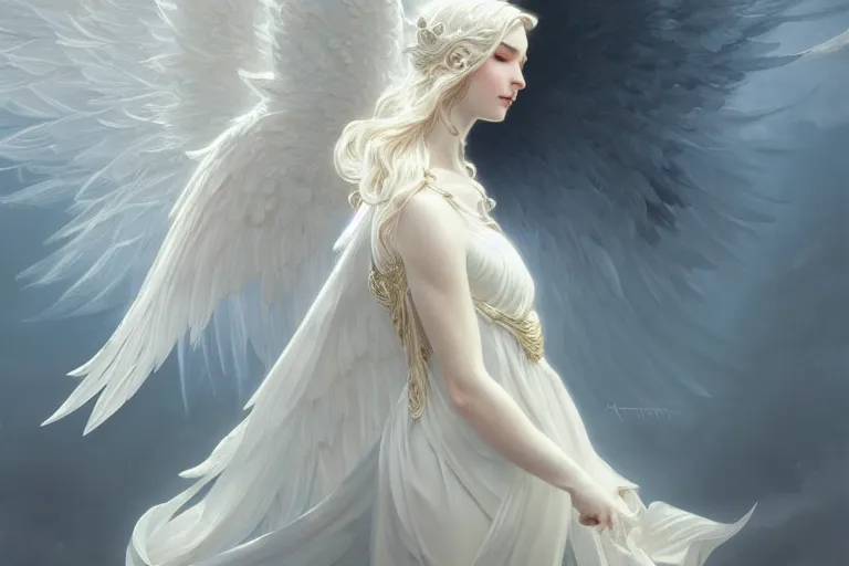 Image similar to a white angel with feathered wings open, D&D, fantasy, intricate, elegant, highly detailed, digital painting, artstation, concept art, matte, sharp focus, illustration, art by Artgerm and Greg Rutkowski and Alphonse Mucha, 4k