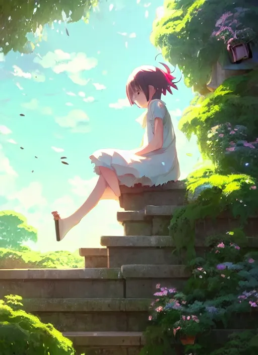 Image similar to girl sitting on a stair where there is an arched shed above, many green plant and flower gowing on it, illustration concept art anime key visual trending pixiv fanbox by wlop and greg rutkowski and makoto shinkai and studio ghibli