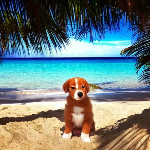 Prompt: a beach with a puppy on it