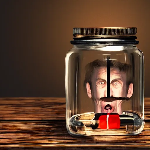 Prompt: a man scary locked inside a glass jar, photorealistic