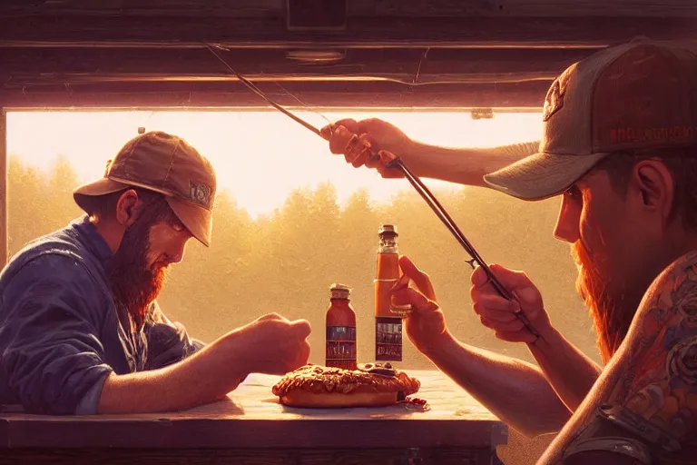 Image similar to detailed intricate digital illustration by greg rutkowski and artgerm and wlop and sanford robinson gifford ; redneck hillbilly hick at a cheeseburger restaurant ; 1 3 mm film, arri alfa anamorphic lens ; sharp focus ; golden hour, trending on artstation 8 k