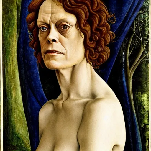 Image similar to sigourney weaver as gollum, elegant portrait by sandro botticelli, detailed, symmetrical, intricate