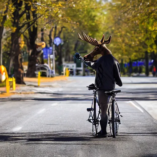 Image similar to anthropomorphic moose repairing a bicycle XF IQ4, f/1.4, ISO 200, 1/160s, 8K, RAW, unedited, symmetrical balance, in-frame