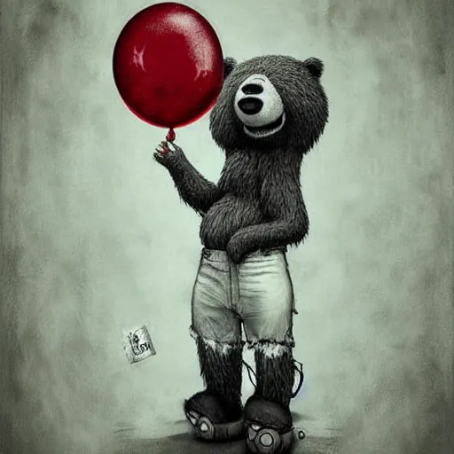 Prompt: surrealism grunge cartoon portrait sketch of a bear with a wide smile and a red balloon by - michael karcz, loony toons style, mad max style, horror theme, detailed, elegant, intricate