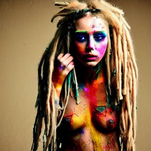 Image similar to astonishingly beautiful woman in tattered clothes revealing body, blonde dreadlocks, make up, vivid colors