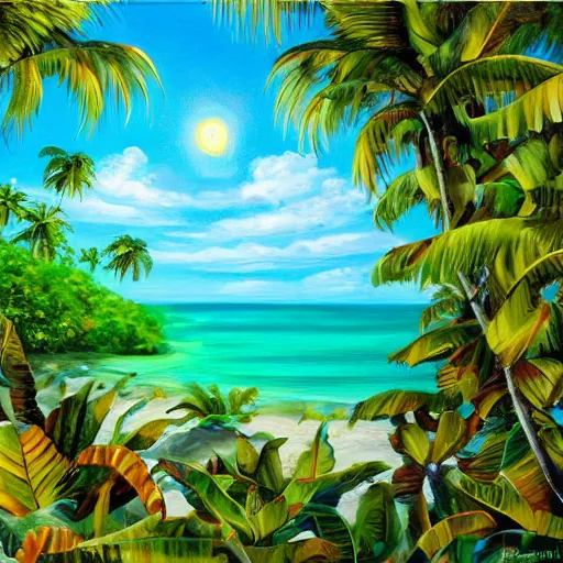 Image similar to an extremely beautiful ultra - realistic painting of a tropical island paradise with sunlight shining through vines, white sand, turquoise water, lagoons, warm, palm trees, exotic birds, peaceful, green forest, turtles, forgotten paradise, 4 k, award winning