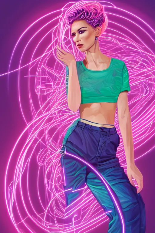 Image similar to a award winning half body portrait of a beautiful woman with stunning eyes in a croptop and cargo pants with ombre purple pink teal hairstyle and hands in pockets by thomas danthony, surrounded by whirling illuminated lines, outrun, vaporware, shaded flat illustration, digital art, trending on artstation, highly detailed, fine detail, intricate