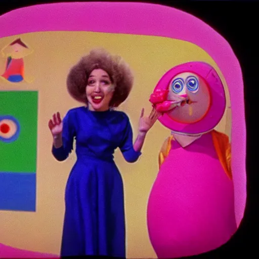 Image similar to still from a live - action children's show about a beautiful woman and an anthropomorphic stomach, technicolor, on stage in front of a live studio audience, 1 6 mm film, woman in a glamorous dress