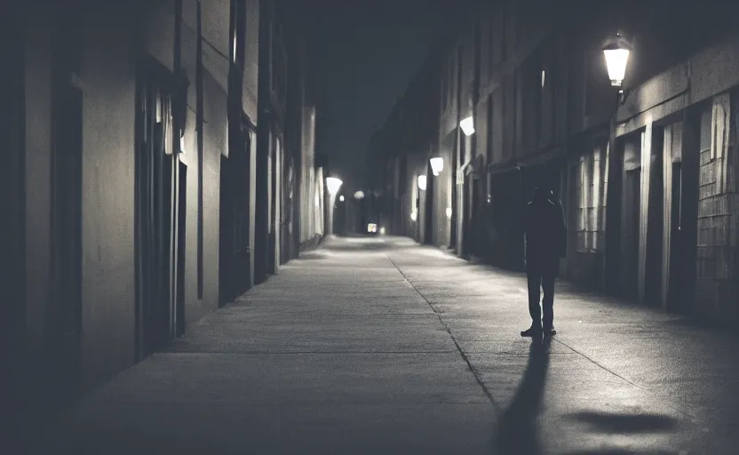 Prompt: person, shadow, alley, night, street lights, film grain, red eyes, overcast