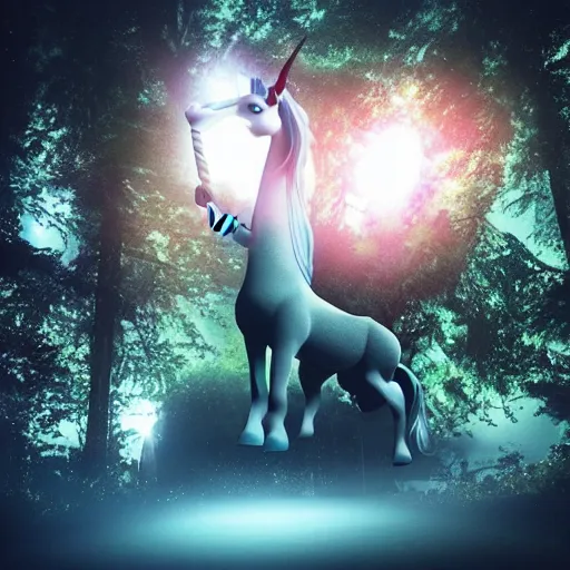 Prompt: “a unicorn being abducted by aliens in the woods at night, cinematic, cinema 4d”