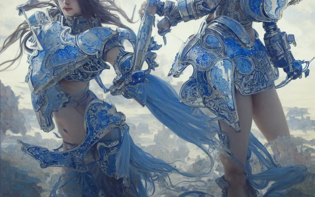 Prompt: knights of zodiac girl, chinese blue and white porcelain reflected armor, fight cinematic shot, in ruined agora of athens, ssci - fi and fantasy, intricate and very very beautiful and elegant, highly detailed, digital painting, artstation, concept art, smooth and sharp focus, illustration, art by tian zi and wlop and alphonse mucha