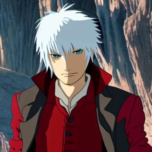 Image similar to a shot of dante from devil may cry in howl's moving castle movie, movie shot, anime, hightly detailed, rescalated 4 k, detailed, straight face, detailed face, studio ghibli