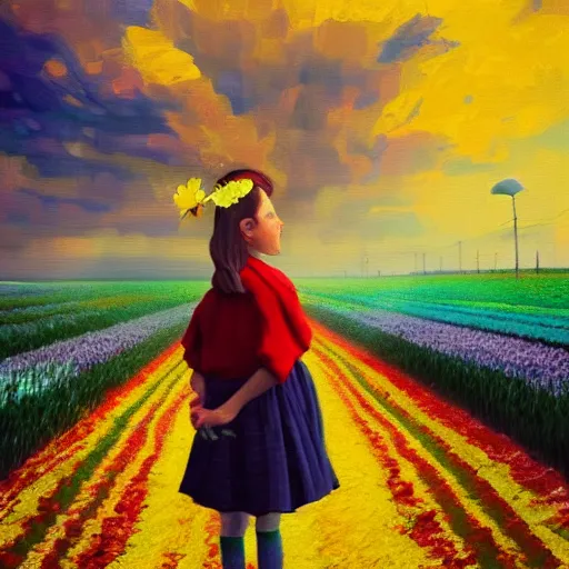 Image similar to dutch girl with singular giant tulip as a face, surreal photography, flower field, sunset dramatic light, impressionist painting, colorful clouds, blue sky, digital painting, artstation, simon stalenhag