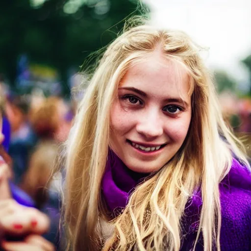 Image similar to ultra high resolution close - up of a very beautiful young woman with blond long hair, making up, standing in crowd of music festival, looking down at the camera. her face is partially obscured by a purple scarf, and she has a lovely smiling expression. the light is dim, and the colours are muted. kodak etkar 1 0 0.