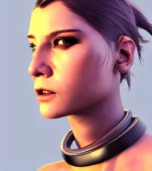 Image similar to detailed realistic female character cyberpunk wearing thick technological collar around neck, realistic, art, beautiful, 4K, collar, choker, collar around neck, punk, artstation, detailed, female, woman, choker, cyberpunk, neon, punk, collar, choker, collar around neck, thick collar, tight around neck, punk,