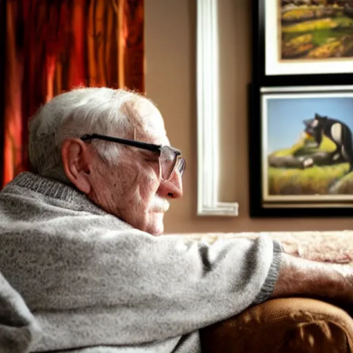 Prompt: an old man watching a show about kittens, photography, television, living room, elderly,