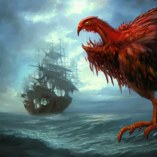 Prompt: Giant bird monster destroying a pirate ship, dramatic oil painting, by WLOP, by Artgerm, volumetrics, digital art, 4k, detailed bird monster