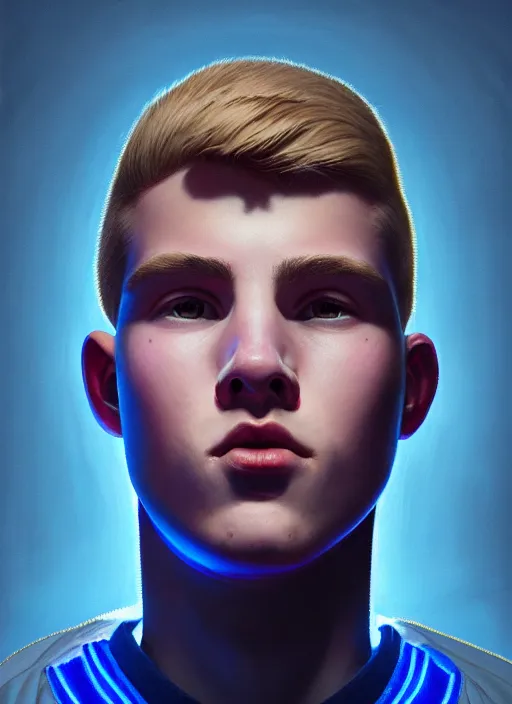 Image similar to portrait of high school senior boy named big moose, blonde short hair, jock, beefy, wide face, square jaw, square facial structure, blue varsity jacket with his name, intricate, elegant, glowing lights, highly detailed, digital painting, artstation, concept art, sharp focus, illustration, art by wlop, mars ravelo and greg rutkowski