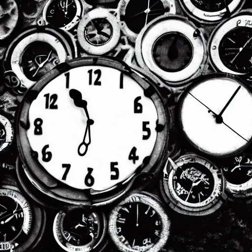 Prompt: clock underwater, award winning black and white photography, high contrast, high definition