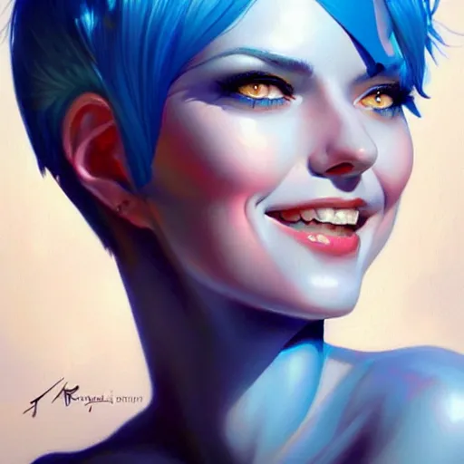 Image similar to a beautiful painting of a smiling woman with stylish short blue hair and sparkling blue eyes representative of the art style of artgerm and wlop and peter mohrbacher