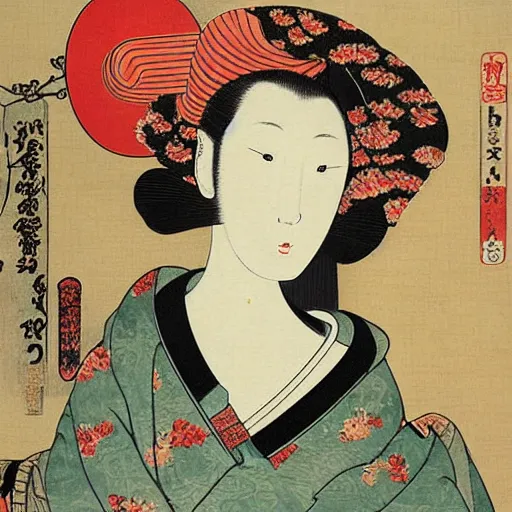 Prompt: Renaissance oil painting, ukiyo-e, surreal, manga young lady flowers