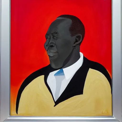 Prompt: a painting of a loving, caring fatherly wide forehead, aquiline nose, round face, XXL , generous, ever-present, humble, wise elder from Kenya in a silver suit and red tie, by Kara Walker . Fatherly/daddy, focused, loving, leader, relaxed. Gold background, heavenly lights, details, smooth, sharp focus, illustration, realistic, cinematic, artstation, award winning, rgb , unreal engine, octane render, cinematic light, macro, depth of field, blur, light and clouds, highly detailed epic cinematic concept art CG render made in Maya, Blender and Photoshop, octane render, excellent composition, dynamic dramatic cinematic lighting, aesthetic, very inspirational, arthouse.