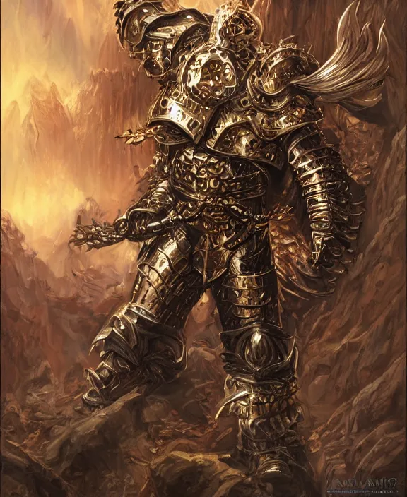 Image similar to final boss warrior, fantasy, man, gilded shiny armour, contrast, highly detailed, digital painting, artstation, concept art, wallpaper, smooth, sharp focus, illustration, illumination, art by larry elmore, jeff easley, clyde waldwell, keith parkinson, daniel r horne