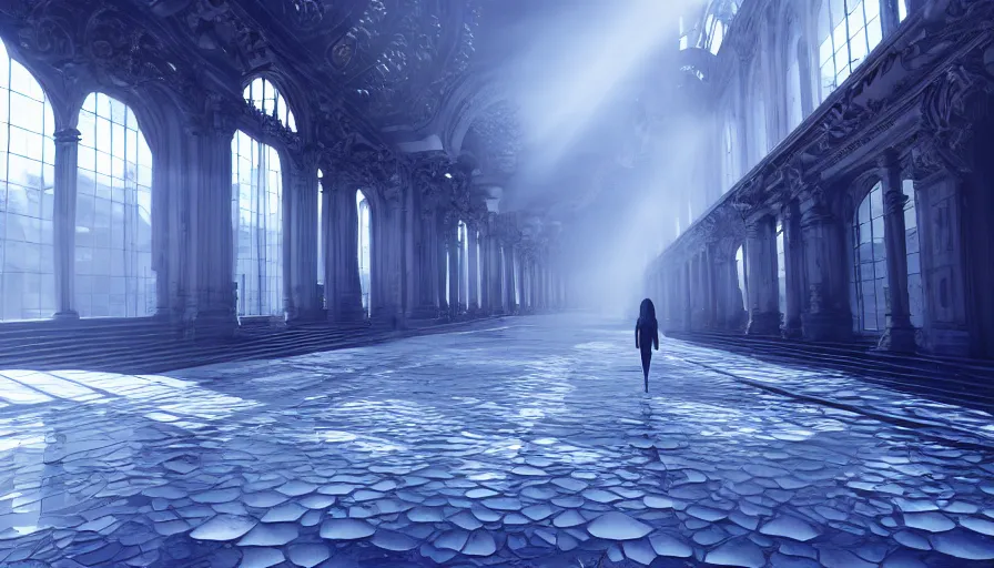 Prompt: Fashion Catwalk!! Walkway in an Angelic Floating City in the Clouds, Hyperrealistic, Intricate Details, Raytracing, Volumetric Lighting, Lightshafts, Blue and White Color Palette, Unreal Engine 5, Photorealism, Concept Art