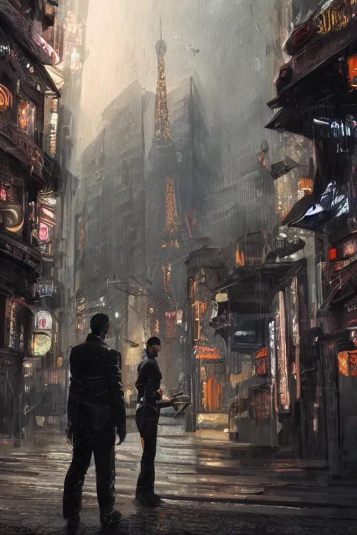 Prompt: in the foreground a Parisian street, in the background a dark-haired man from behind playing with swirls of black energy coming out of his hands wearing a long matrix-style jacket, realistic, high definition, many details, dramatic scene, detailed hands and realistic, symmetrical face, realistic eyes, cyberpunk art 2077