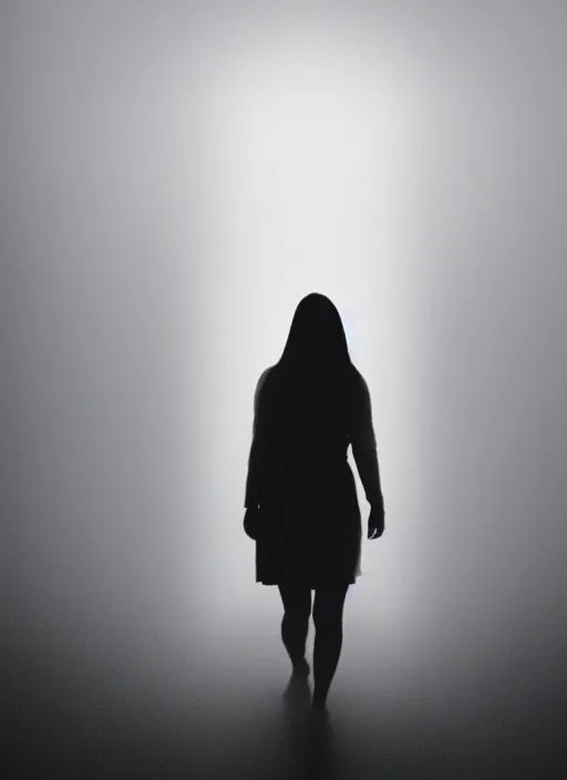 Prompt: a female silhouette walking, astral projection, white glowing aura, out of body, fog, film grain, cinematic lighting