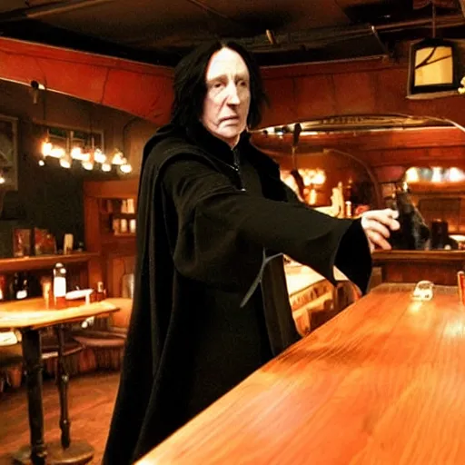 Image similar to Severus Snape dances in a bar, fish lens, neon, realistic, full body, very detailed, super realistic