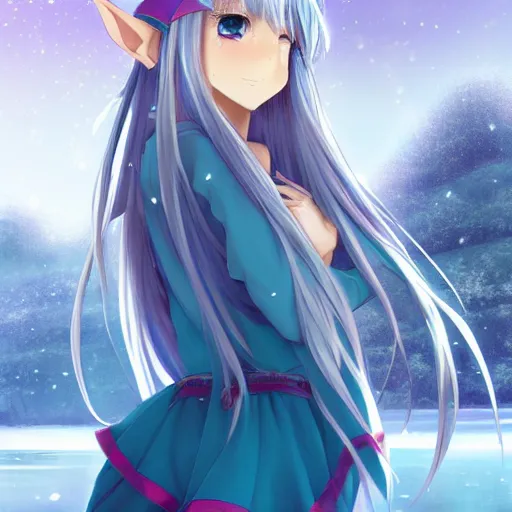 Image similar to a very beautiful anime elf girl, full body, long straight silver hair, smile, sky blue eyes, full round face, short smile, casual clothes, ice snowy lake setting, cinematic lightning, medium shot, mid-shot, highly detailed, trending on Artstation, Unreal Engine 4k, cinematic wallpaper by Stanley Artgerm Lau, WLOP, Rossdraws, James Jean, Andrei Riabovitchev, Marc Simonetti, and Sakimichan