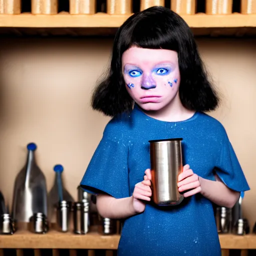 Image similar to a little blue-skinned girl with messy black hair sharp pointed ears freckles along the ridges of her cheeks in a pantry drinking from a leather flask, blue skinned dnd triton, high resolution film still, 4k, HDR colors